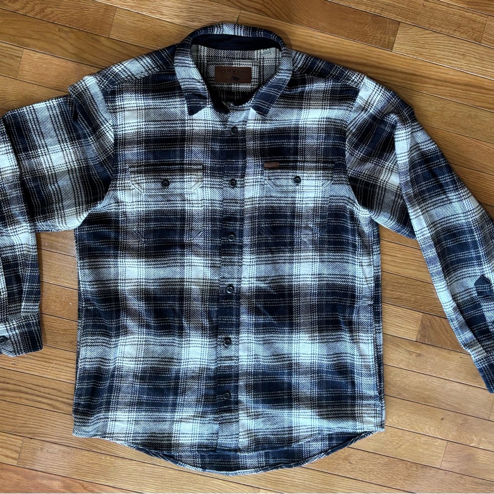Orvis Men's Plaid Flannel Button-Up Shacket Black White Gray‎ Long Sleeve Size M